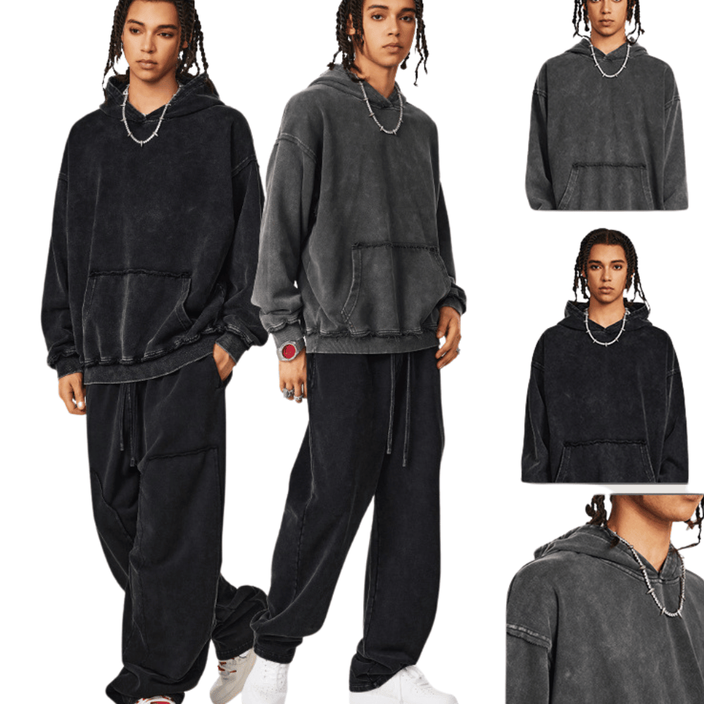 Men's Oversized Acid Wash Hoodie Vintage French Terry Cotton Fleece Sweatshirt Tracksuit Streetwear 