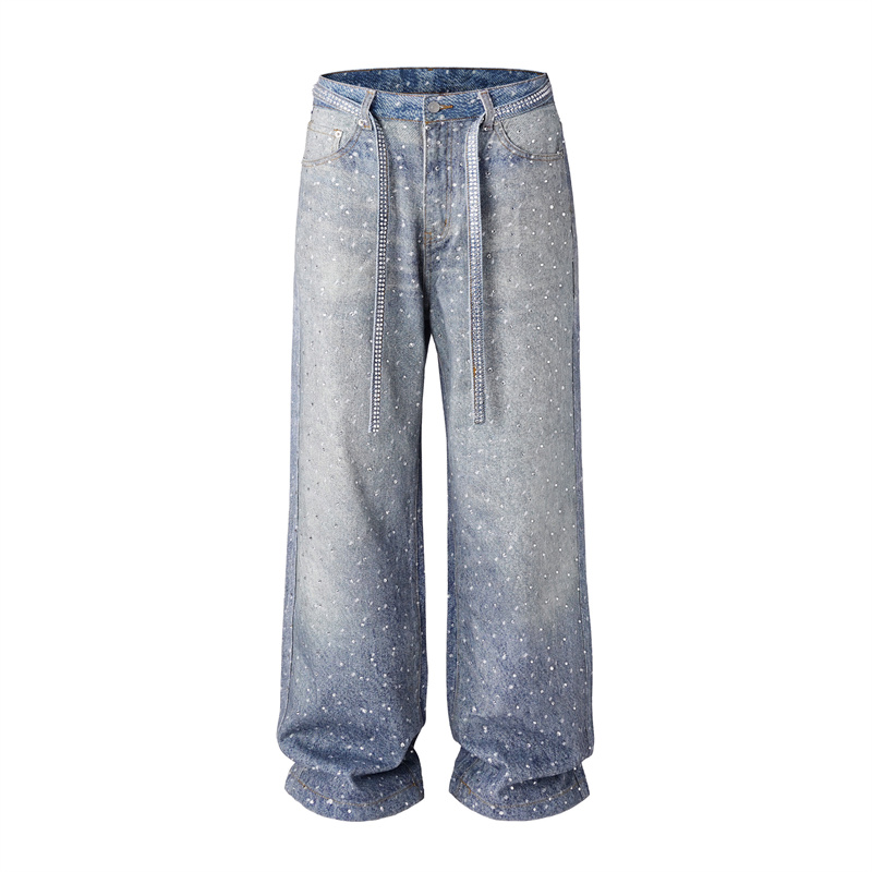 Custom Logo Distressed Wide-Leg Jeans Rhinestone Denim Pants