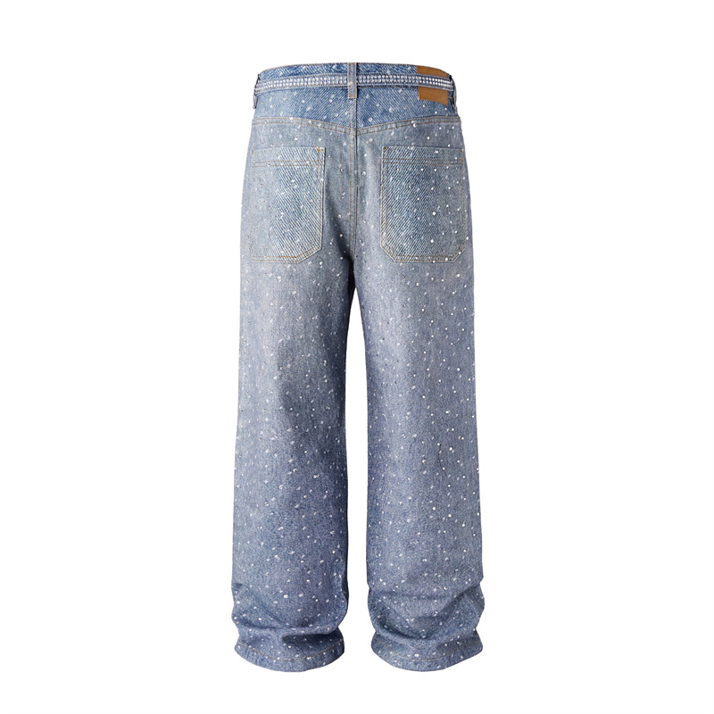 Custom Logo Distressed Wide-Leg Jeans Rhinestone Denim Pants