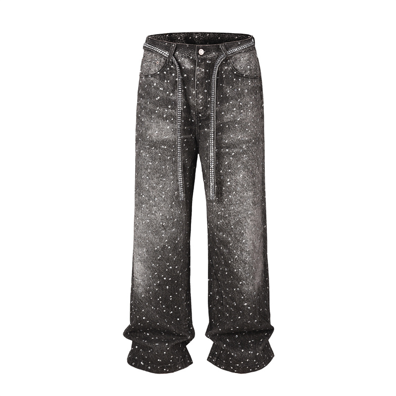 Custom Logo Distressed Wide-Leg Jeans Rhinestone Denim Pants