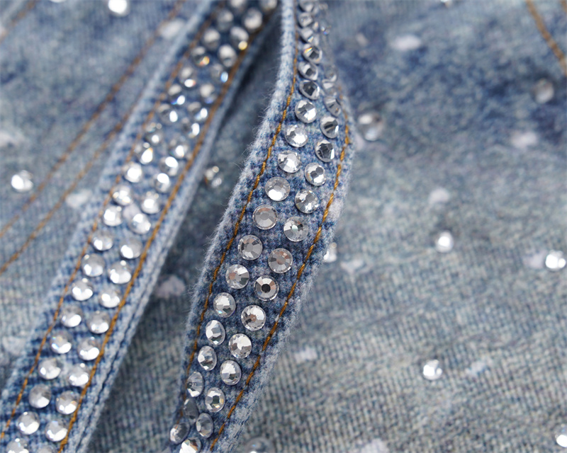 Custom Logo Distressed Wide-Leg Jeans Rhinestone Denim Pants