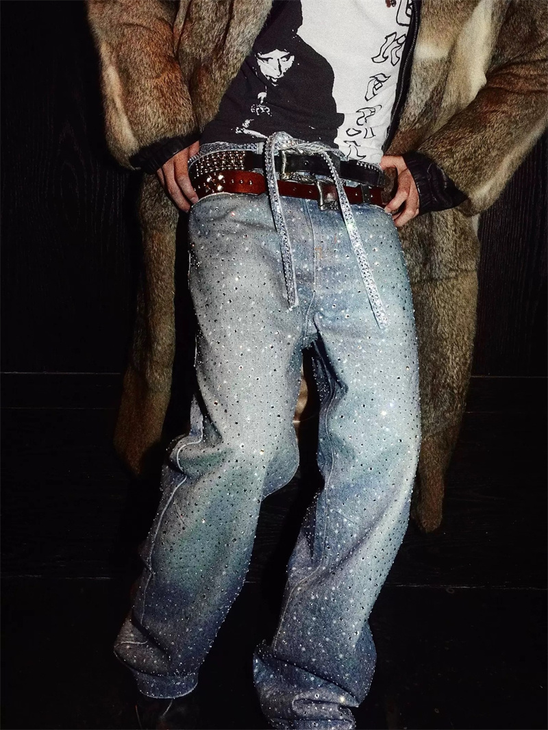 Custom Logo Distressed Wide-Leg Jeans Rhinestone Denim Pants