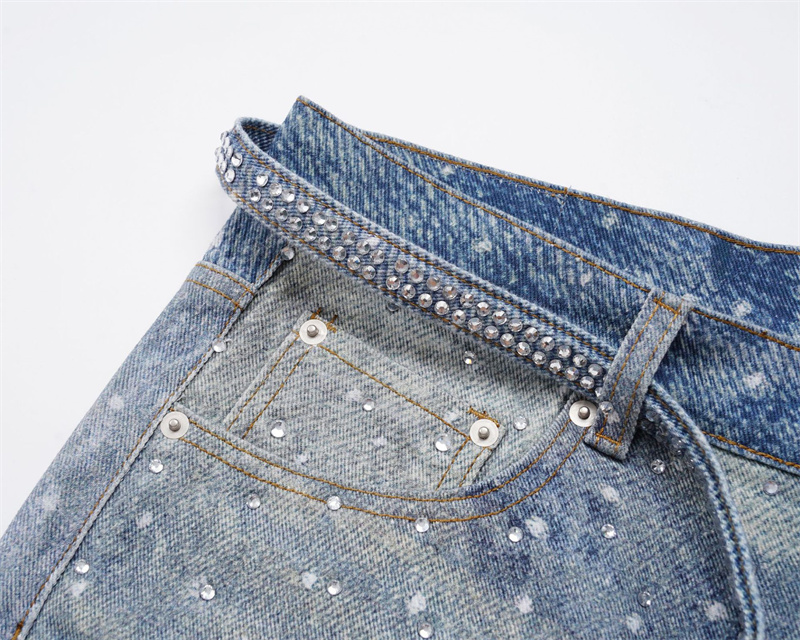 Custom Logo Distressed Wide-Leg Jeans Rhinestone Denim Pants